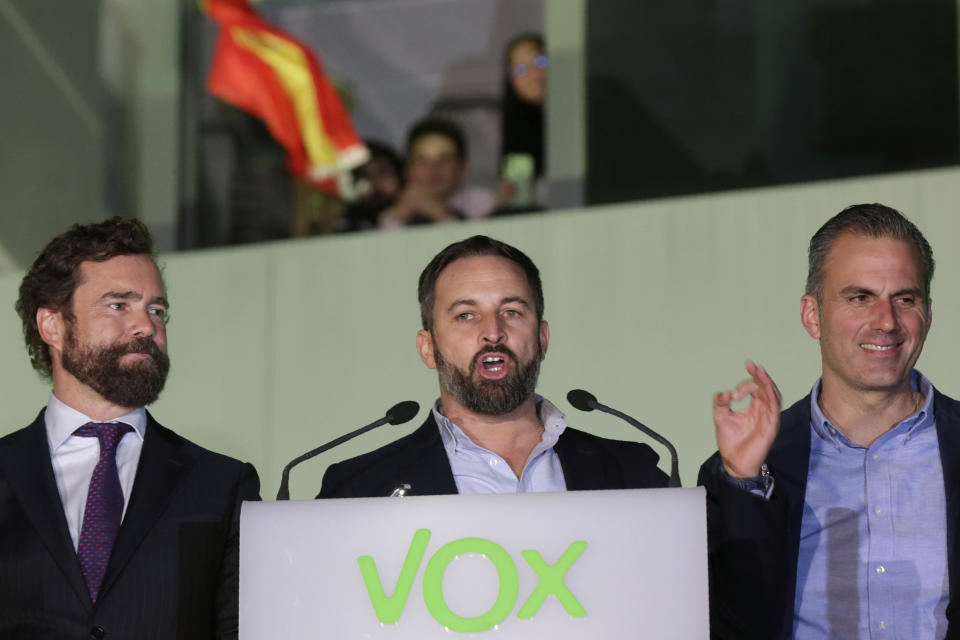 Santiago Abascal, leader of far-right Vox Party, addresses supporters outside the party headquarters after the announcement of the general election first results, in Madrid, Spain, Sunday, Nov. 10, 2019. Spain's Interior Ministry says that early results show Socialists winning Spain's national election, but without a clear end to the country's political deadlock. Vox is also surging to become the country's third political force, more than doubling its presence in the parliament's lower house from 24 to 53 deputies only six months after its debut. (AP Photo/Andrea Comas)