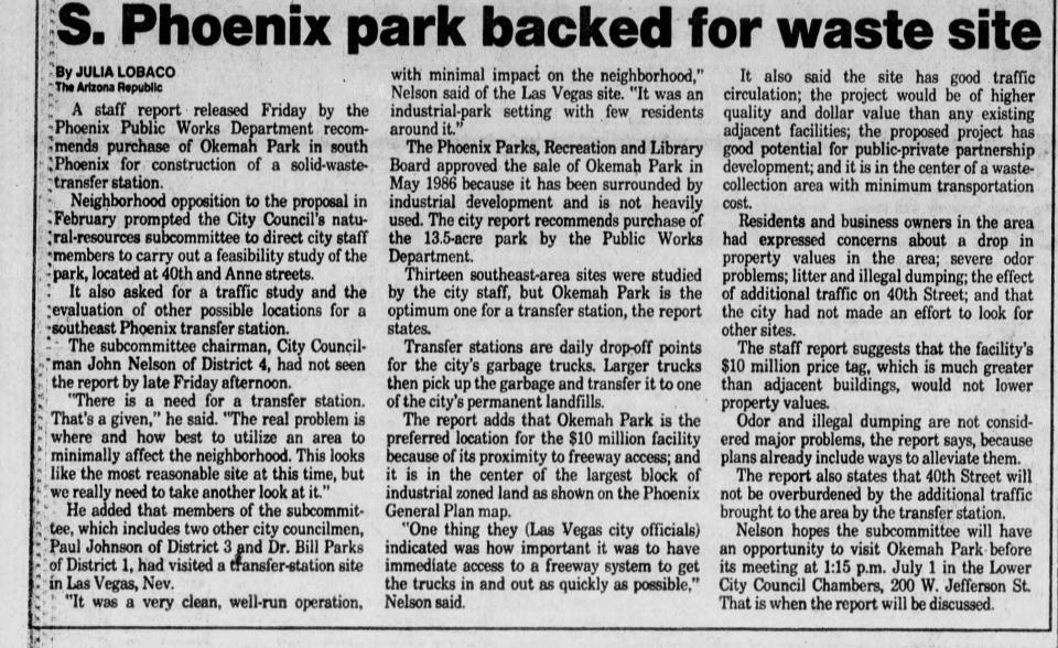 Okemah Park, which belonged to the historic Black community of Okemah, was converted by the city of Phoenix into a waste transfer station, despite objections by residents.