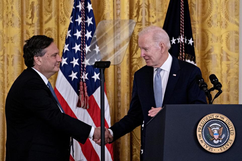 PHOTO: President Joe Biden, right, shakes hands with Ron Klain, former White House chief of staff, during a chief of staff transition event in the East Room of the White House, Feb. 1, 2023, in Washington. (Andrew Harrer/Bloomberg via Getty Images, FILE)