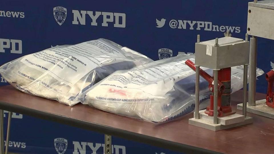 PHOTO: Evidence displayed by New York City police during a press conference on Sept. 20, 2023, of recovered fentanyl, kilo presses and an automatic weapon. (ABC News)