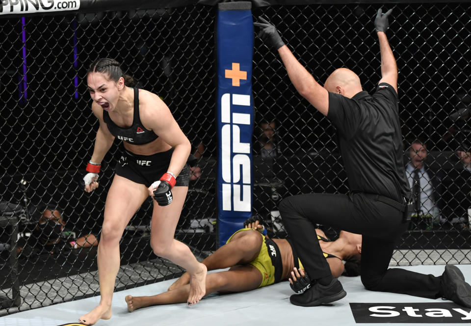 ABU DHABI, UNITED ARAB EMIRATES - JULY 19: Ariane Lipski of Brazil celebrates after her victory over Luana Carolina of Brazil in their flyweight bout during the UFC Fight Night event inside Flash Forum on UFC Fight Island on July 19, 2020 in Yas Island, Abu Dhabi, United Arab Emirates. (Photo by Jeff Bottari/Zuffa LLC via Getty Images)