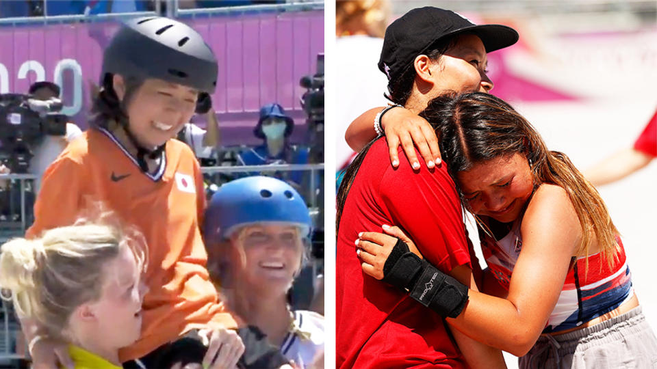 Misugo Okamoto (pictured left) was chaired off after her final skateboarding run at the Olympics and (pictured right) Sky Brown crying as Japan team member Sakura Yosozumi embraces her in Tokyo.