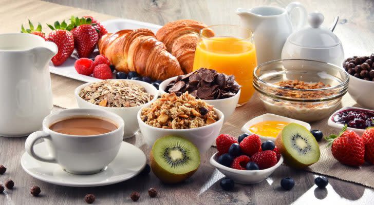 A table is spread with breakfast foods like orange juice, berries and croissants. represents food and beverage stocks