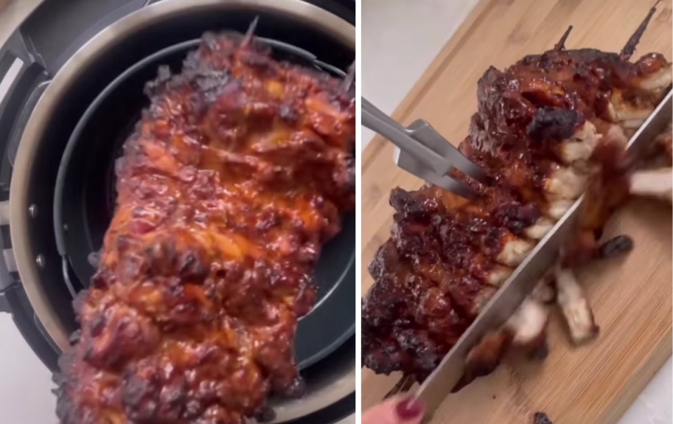 Left: Crispy caramelised, cooked chicken. Right: Cutting into the chicken reveals the moist, juicy centre