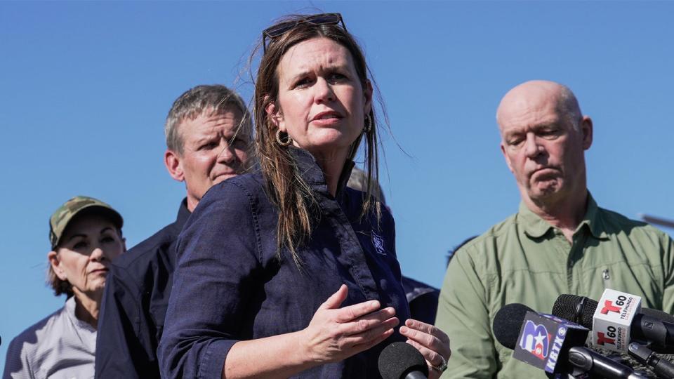 Gov. Sarah Huckabee Sanders joins fellow governors for a press conference along the Rio Grande to discuss border concerns on Feb. 4, 2024, in Eagle Pass, Texas.