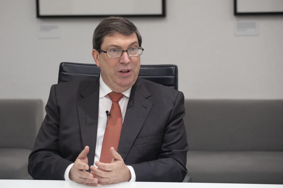 Cuban Foreign Minister Bruno Rodriguez Parrilla talks during an interview with The Associated Press, Tuesday, Oct. 1, 2019 in New York. The foreign minister says he believes improvements in relations with the United States are irreversible despite the Trump administration's hardening of the embargo on the island. (AP Photo/Mark Lennihan)