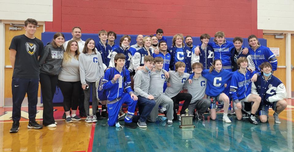 The Centerville Bulldogs pose for a picture after winning the Tri-Eastern Conference Tournament Jan. 22, 2022.