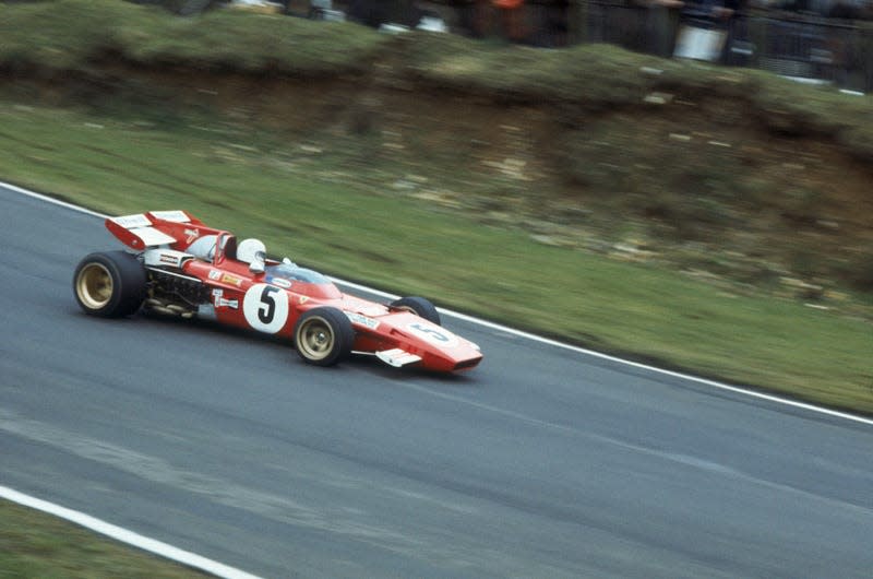 Swiss racing driver Clay Regazzoni in his Ferrari 312 during the Daily Mail Race of Champions at the Brands Hatch circuit, 21st March 1971. Regazzoni won the race.