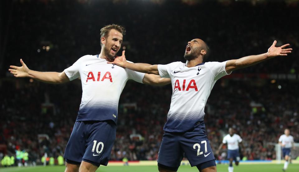Lucas Moura (right) and Harry Kane celebrate Tottenham’s 3-0 win at Old Trafford