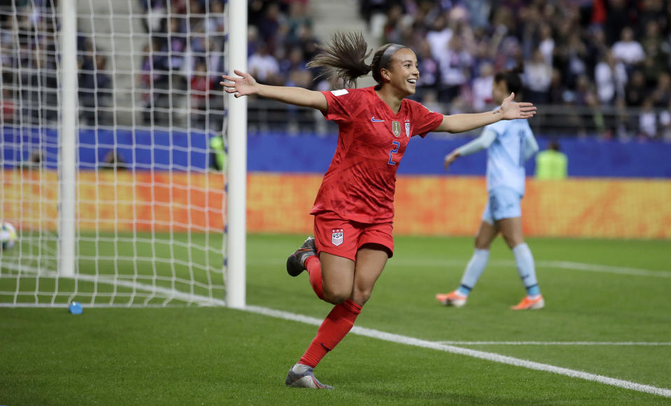 United States' Mallory Pugh celebrates after scoring her side's 11th goal during the Women's World Cup Group F soccer match between United States and Thailand at the Stade Auguste-Delaune in Reims, France, Tuesday, June 11, 2019. (AP Photo/Alessandra Tarantino)