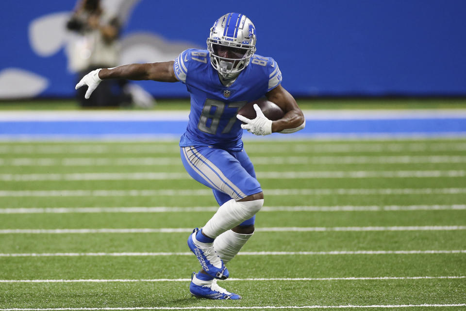 FILE - Detroit Lions wide receiver Quintez Cephus runs during the first half of an NFL football game against the Green Bay Packers, Sunday, Dec. 13, 2020, in Detroit. The NFL has suspended five players for violating the league’s gambling policy on Friday, April 21, 2023. Detroit Lions wide receiver Quintez Cephus and safety C.J. Moore and Washington Commanders defensive end Shaka Toney were suspended indefinitely, while Lions wide receivers Stanley Berryhill and Jameson Williams have been suspended six games. (AP Photo/Leon Halip, File)