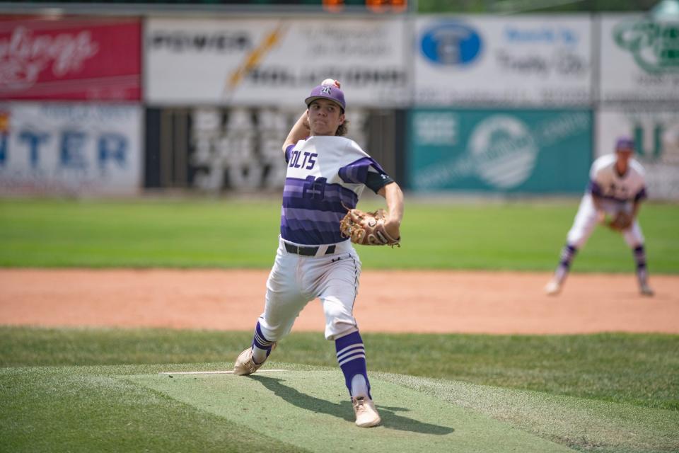 Rye High School's Brock Benz fires off a pitch in the quarterfinal matchup with Hotchkiss in the Class 2A baseball playoffs at the Runyon Sports Complex on Saturday June 19, 2021.