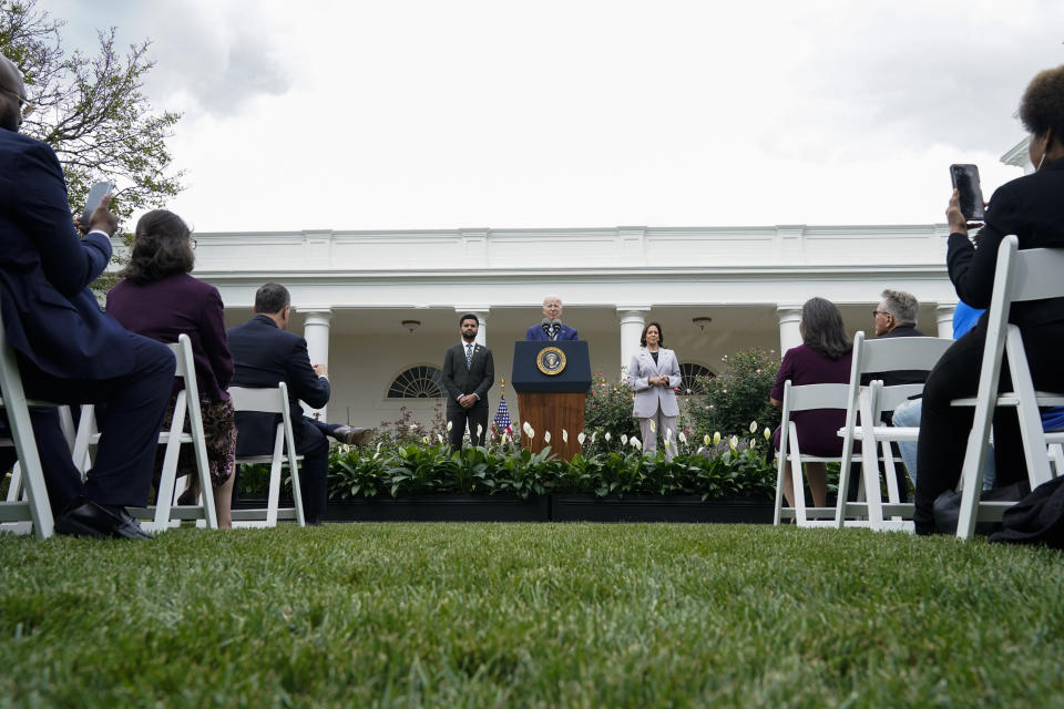 President Joe Biden speaks about gun safety on Friday, Sept. 22, 2023, from the Rose Garden of the White House in Washington. Vice President Kamala Harris and Rep. Maxwell Frost, D-Fla., listen. (AP Photo/Jacquelyn Martin)