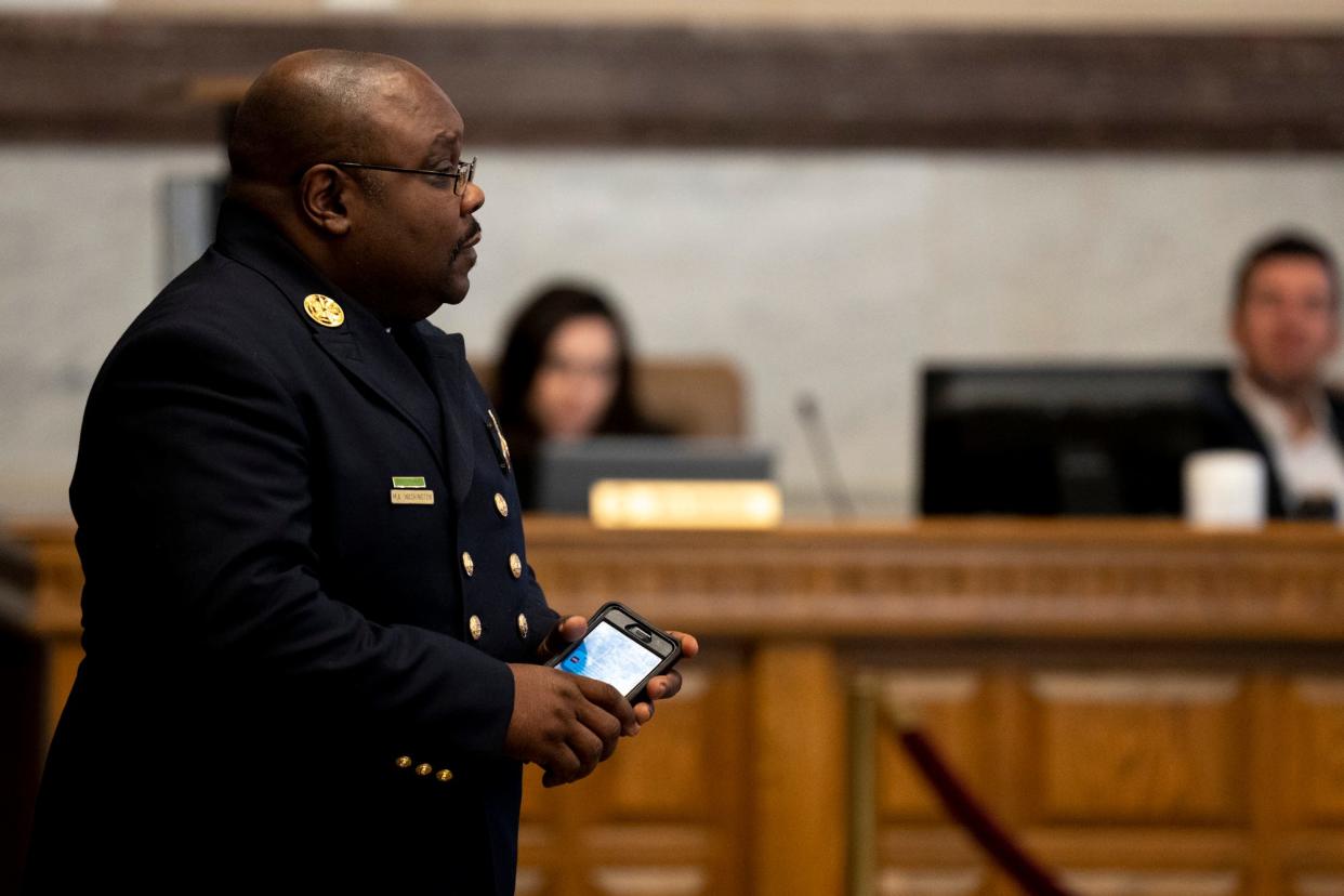 Cincinnati Fire Department Chief Michael Washington  speaks during Cincinnati City Council Climate Committee meeting at Cincinnati City Hall in Cincinnati on Tuesday, Feb. 21, 2023. The Climate Committee discussed chemical plume in the Ohio River and Greater Cincinnati WaterWorks emergency preparedness initiatives to protect the city’s drinking water. 