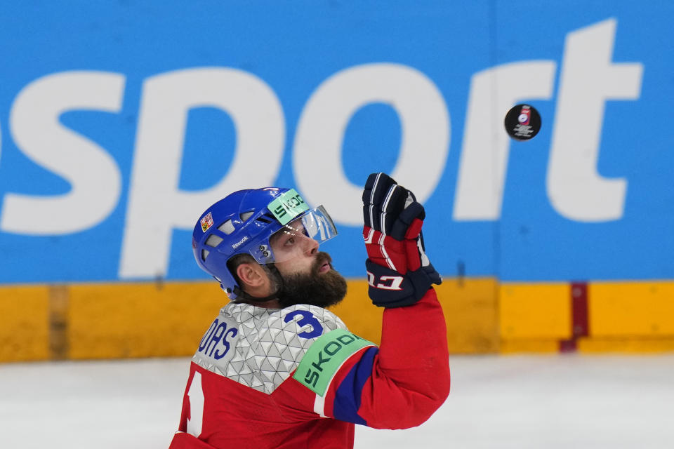 Czech Republic's Radko Gudas catches the puck during the preliminary round match between Czech Republic and Austria at the Ice Hockey World Championships in Prague, Czech Republic, Friday, May 17, 2024. (AP Photo/Petr David Josek)