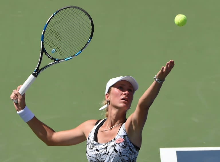 Denisa Allertova of the Czech Republic hits the ball against Ana Ivanovic of Serbia during their 2016 US Open Women's Single Match at the USTA Billie Jean King National Tennis Center in New York on August 30, 2016