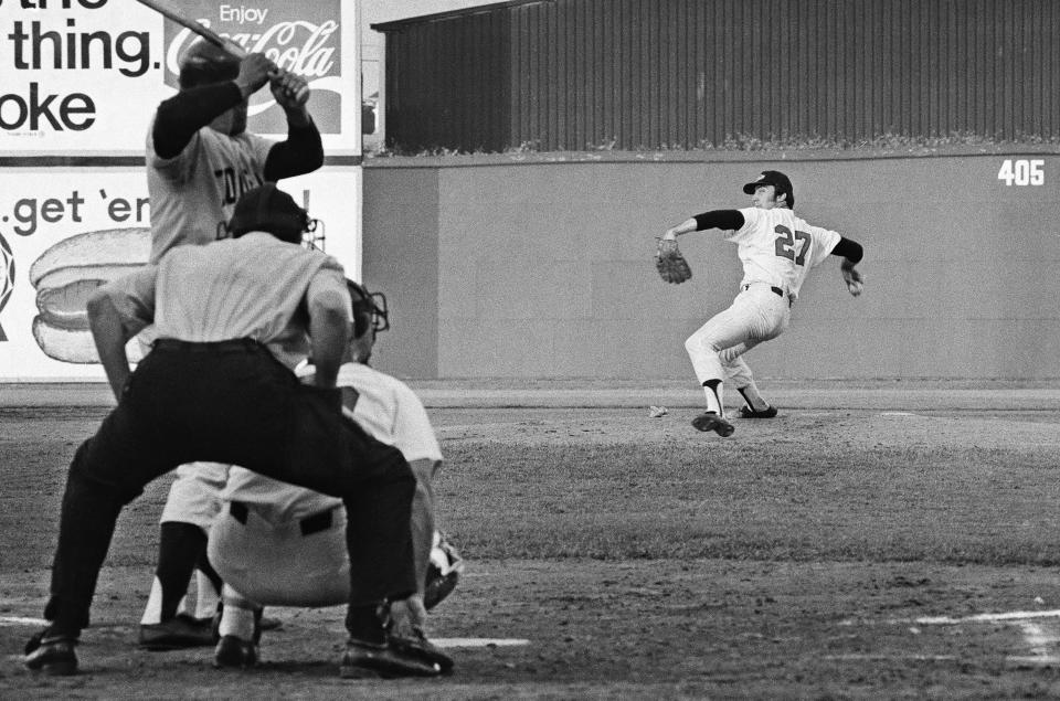 Red Wings pitcher George Manz fires to home as the team falls to Toledo, 12-6, on June 17, 1971 at Frontier Field.