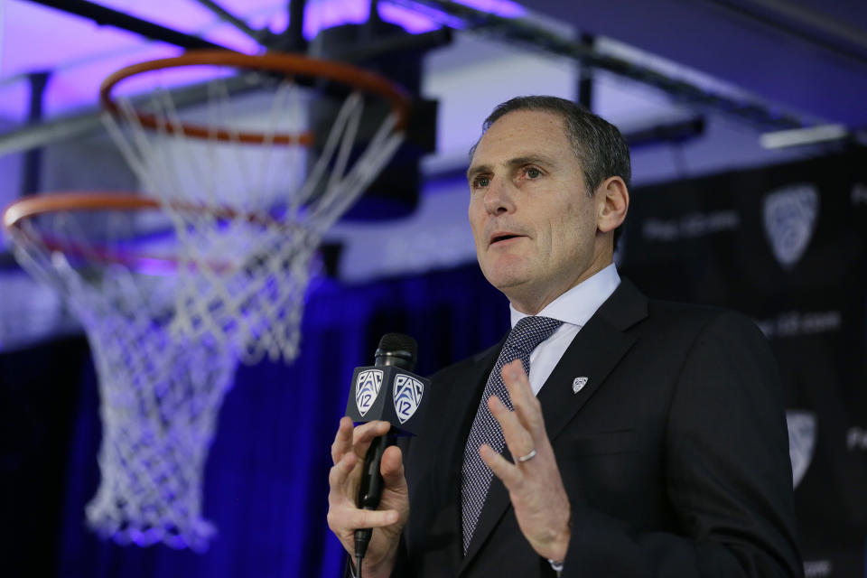 Pac-12 Commissioner Larry Scott speaks during the Pac-12 NCAA college basketball media day Thursday, Oct. 11, 2018, in San Francisco. (AP Photo/Eric Risberg)