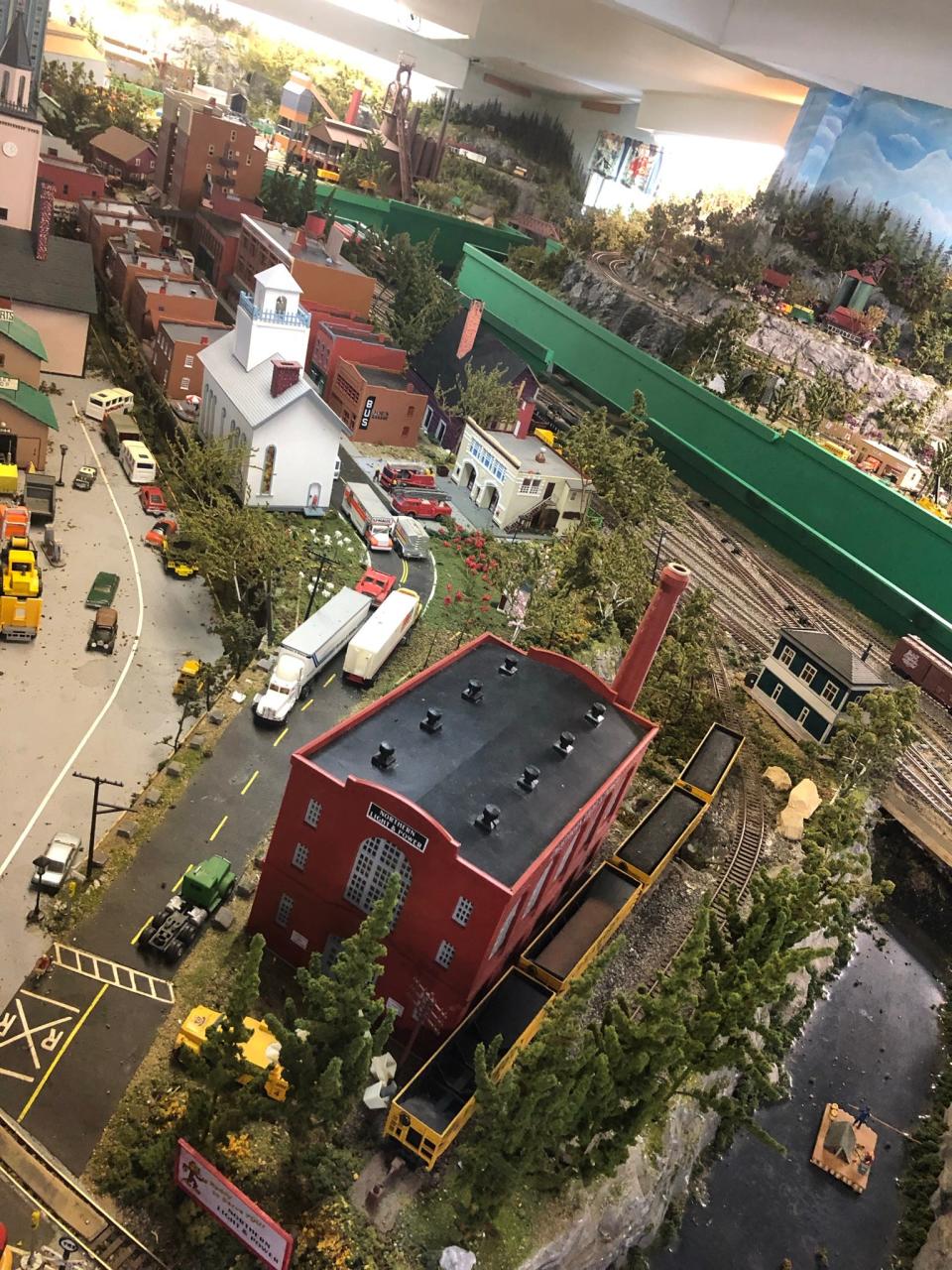 One small section of the Maine Central Model Railroad, soon relocating to Kennebunkport Maine from its current home in Jonesport, Maine. Downtown Bangor is pictured in the foreground, modeled after its appearance in the mid-1900s.