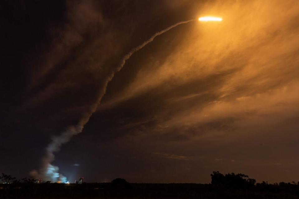 An Ariane 5 lights up the sky as it lifts off from its launchpad in Kourou, at the European Space Center in French Guiana. (AFP/Getty/Jody Amiet)