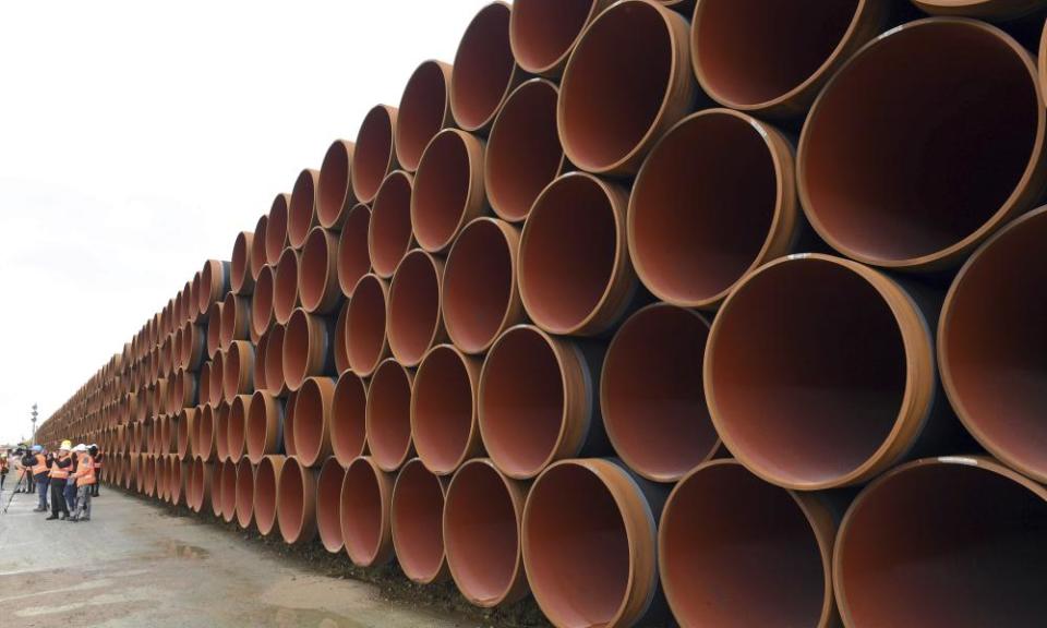 Steel pipes for the Nord Stream 2 pipeline stacked in Sassnitz, Germany