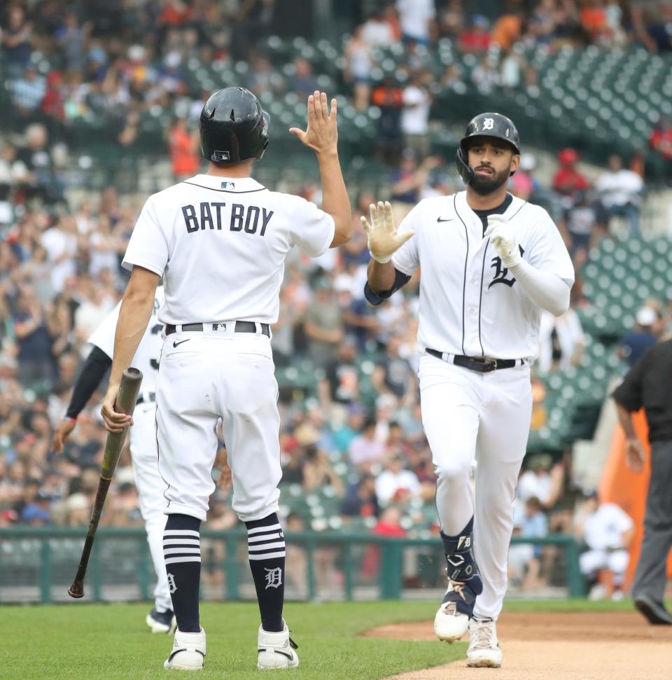 Detroit Tigers center fielder Riley Greene homers against Los Angeles Angels starting pitcher Shohei Ohtani (not pictured) during the first inning at Comerica Park on Aug. 21, 2022.