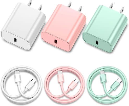 A three-pack of colorful 6-foot USB-C cables with charging boxes