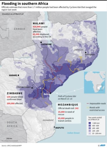 Updated graphic showing the flooding situation in Mozambique, Zimbabwe and Malawi