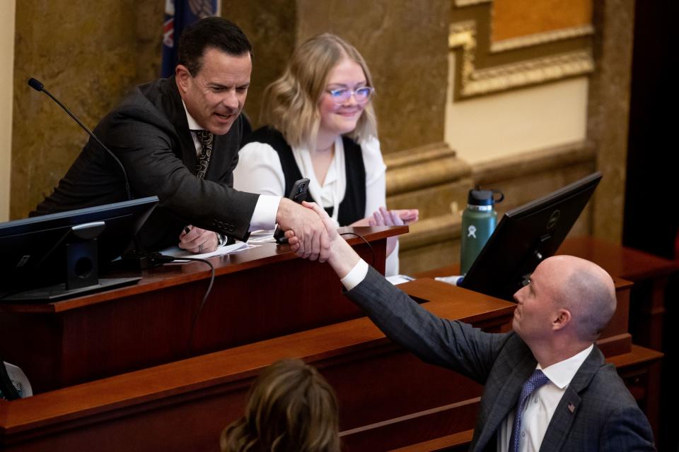 House Speaker Brad Wilson, R-Kaysville, shakes hands with Gov. Spencer Cox as the legislative session concludes at the Capitol in Salt Lake City on Friday, March 3, 2023. | Spenser Heaps, Deseret News
