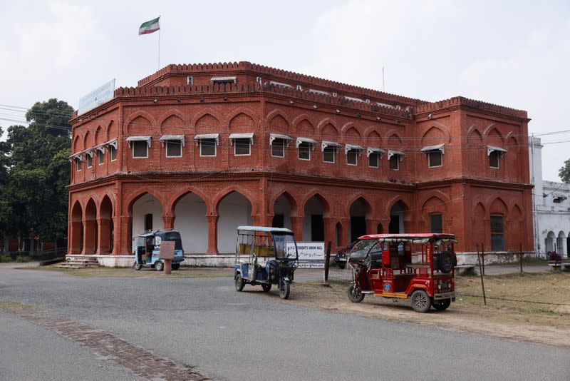 E-rickshaws are seen parked outside the building of the student's union inside the premises of Aligarh Muslim University (AMU) in Aligarh