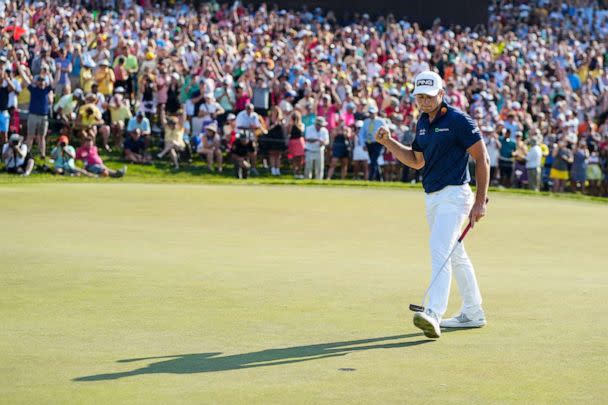 PHOTO: Viktor Hovland fist pumps after making a putt on the 18th green in a playoff hole during the final round of the Memorial Tournament golf tournament at the Muirfield Village Golf Club in Dublin, Ohio, on June 4, 2023. (Aaron Doster/USA TODAY Sports via Reuters)