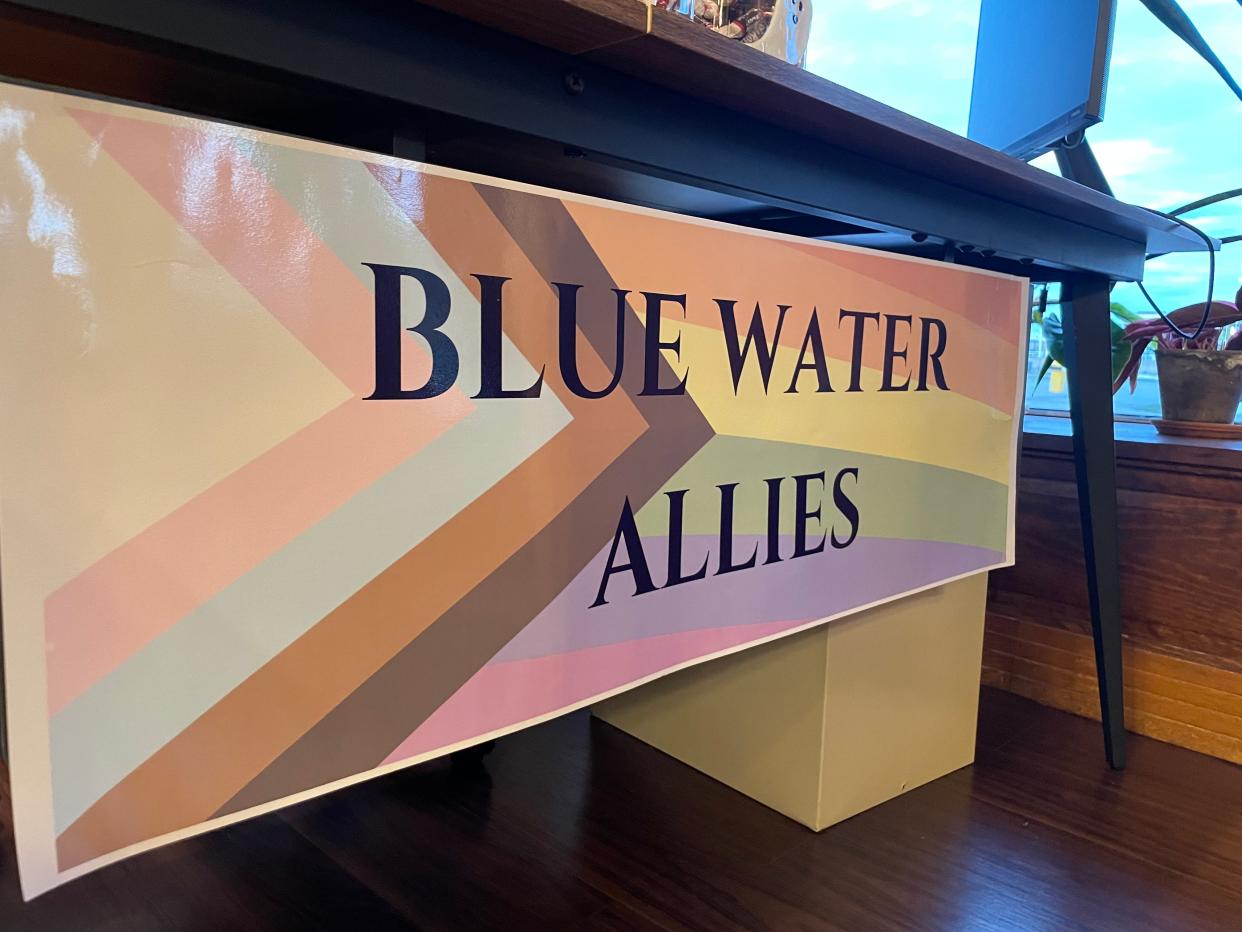 A Blue Water Allies sign is shown at the Blue Water Ally Center on Oct. 9, 2023.