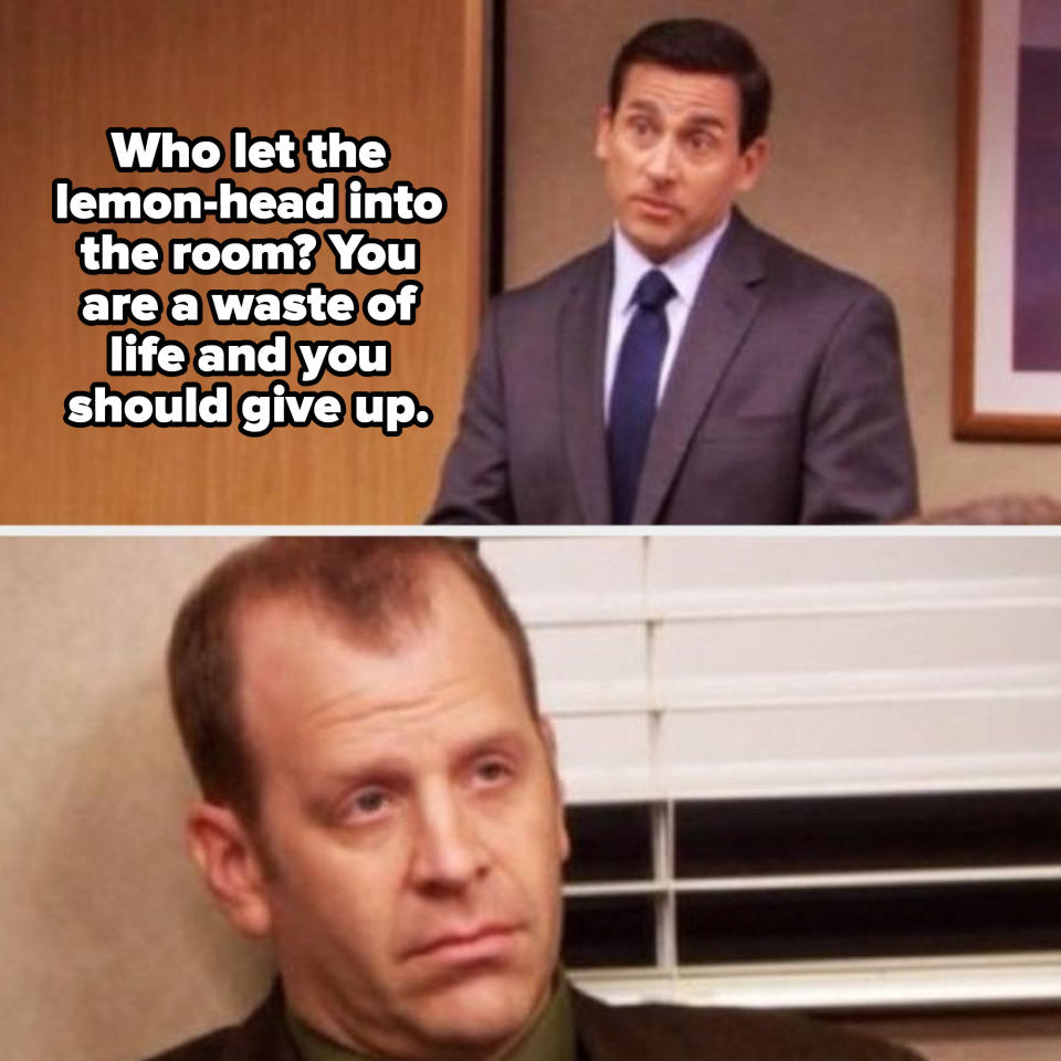 Michael Scott telling Toby: "Who let the lemon-head into the room? You are a waste of life and you should give up"