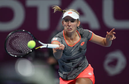 FILE PHOTO: Tennis - WTA Premier 5 - Qatar Open - Khalifa International Tennis and Squash Complex, Doha, Qatar - February 16, 2019 Belgium's Elise Mertens in action during the Final against Romania's Simona Halep REUTERS/Ibraheem Al Omari/File Photo