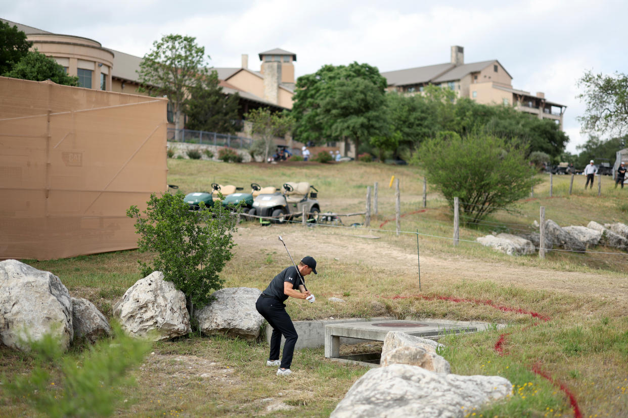 SAN ANTONIO, TEXAS - APRIL 06: Jordan Spieth of the United States plays a ball on the 18th hole during the third round of the Valero Texas Open at TPC San Antonio on April 06, 2024 in San Antonio, Texas. (Photo by Brennan Asplen/Getty Images)