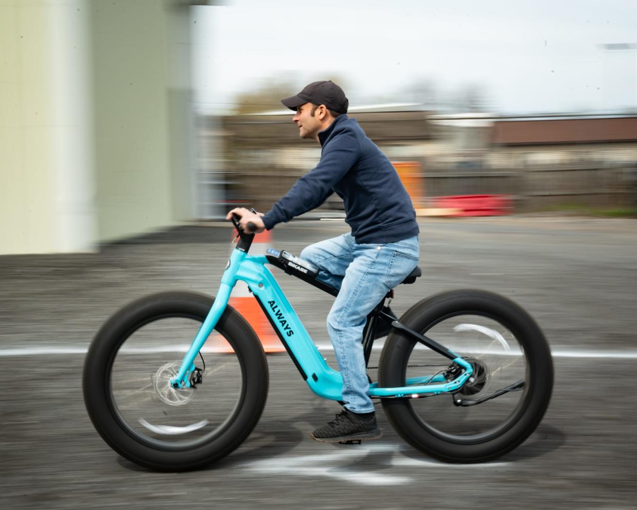 Paul Miscione test drives an electric bicycle at the new eBliss Experience Center in Clinton, NY on Saturday, April 27, 2024.