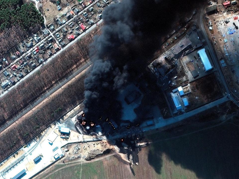 Satellite photo shows burning fuel storage facility in Kalynivka on Friday (Maxar/AP)