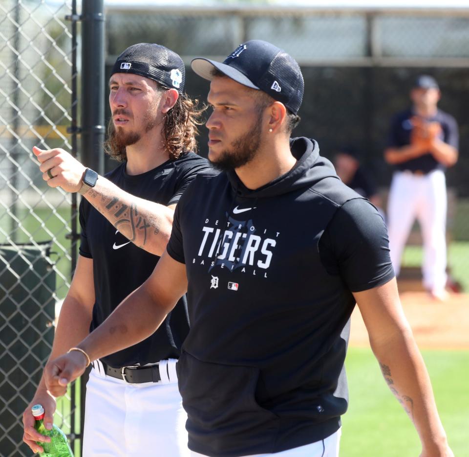 Tigers pitchers Michael Lorenzen, left, and Eduardo Rodriguez walk to live batting practice during spring training on Wednesday, Feb. 22, 2023, in Lakeland, Florida.