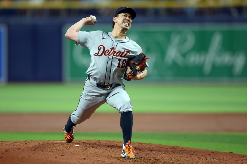 Tigers pitcher Kenta Maeda throws against the Rays during the third inning on Tuesday, April 23, 2024, in St. Petersburg, Florida.