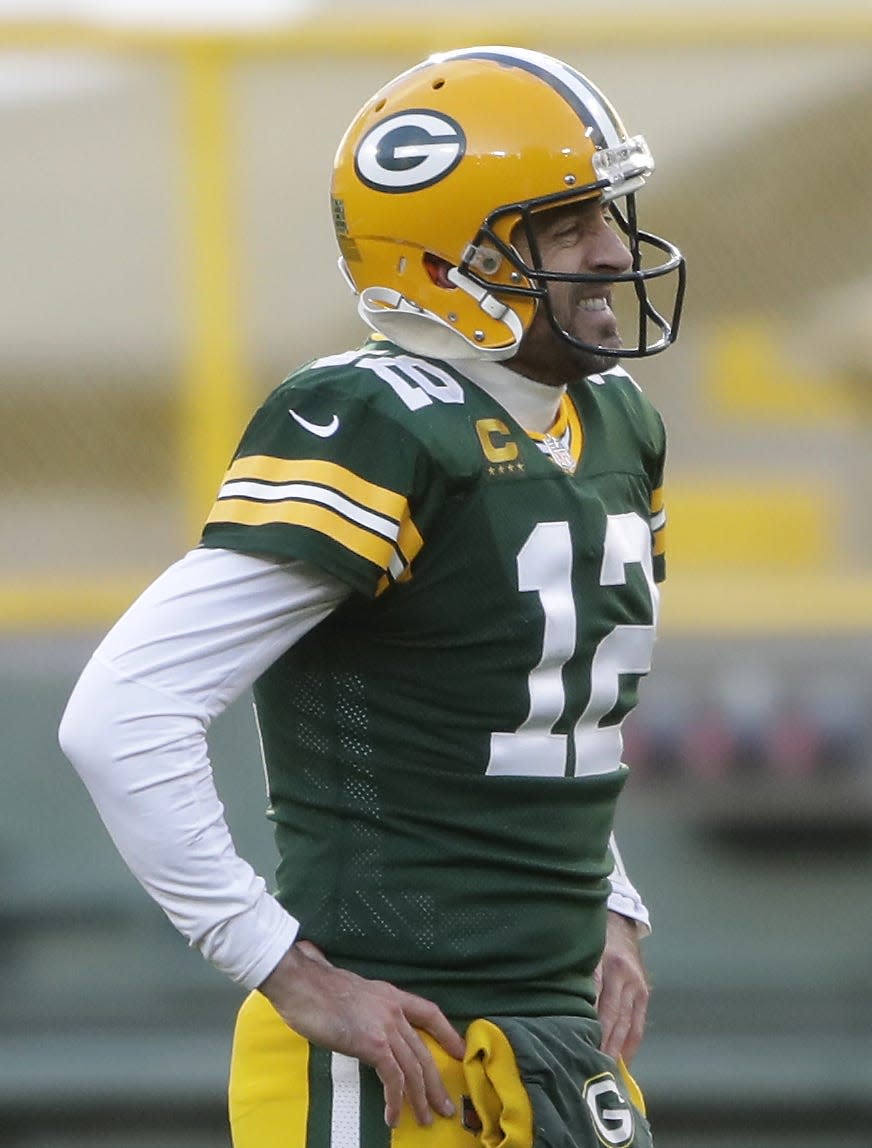 Green Bay Packers quarterback Aaron Rodgers (12) reacts following the Packers 28-22 loss to the Minnesota Vikings on November 1, 2020, at Lambeau Field in Green Bay, Wis.
