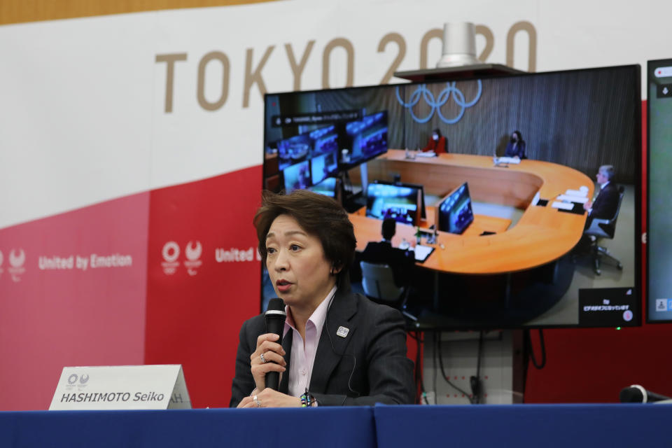 Seiko Hashimoto, president of Tokyo 2020, speaks during a five-party meeting at the Tokyo 2020 headquarters in Tokyo on March 3, 2021. (Photo by Du Xiaoyi / POOL / AFP) (Photo by DU XIAOYI/POOL/AFP via Getty Images)