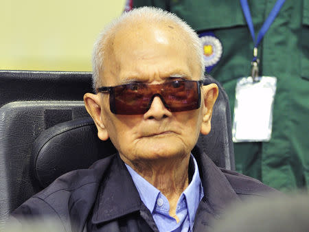 Former Khmer Rouge leader ''Brother Number Two'' Nuon Chea sits inside the courtroom of the Extraordinary Chambers in the Courts of Cambodia (ECCC) as he awaits a verdict, on the outskirts of Phnom Penh, Cambodia, November 16, 2018. Extraordinary Chambers in the Courts of Cambodia (ECCC)/Handout via REUTERS