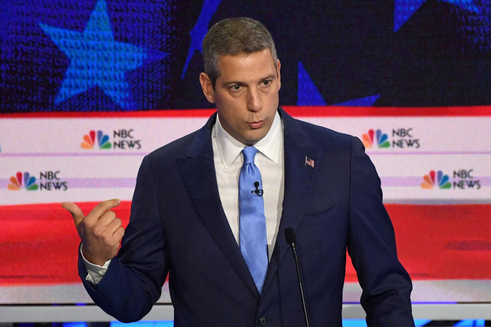 Democratic presidential hopeful US Representative for Ohio's 13th congressional district Tim Ryan speaks during the first Democratic primary debate of the 2020 presidential campaign season hosted by NBC News at the Adrienne Arsht Center for the Performing Arts in Miami, Florida, June 26, 2019. | Jim Watson—AFP/Getty Images