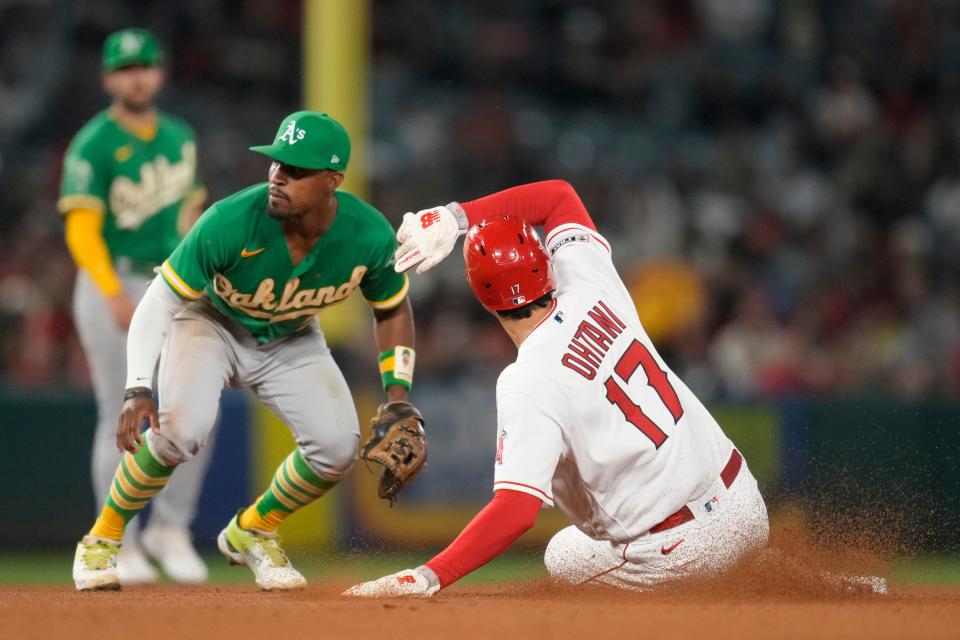 大谷翔平跑壘數據小降，疑似是為了保護身體不受傷。（AP）