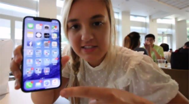 Brooke Amelia Peterson claims her father has been fired as a result of what she has called an 'innocent mistake' in her vlog of the Apple iPhone X. Picture: Supplied