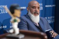 Executive Director of the Major League Baseball Players Association Tony Clark gets emotional as he speaks during a news conference at the Press Club in Washington, Wednesday, Sept. 7, 2022. (AP Photo/Jose Luis Magana)