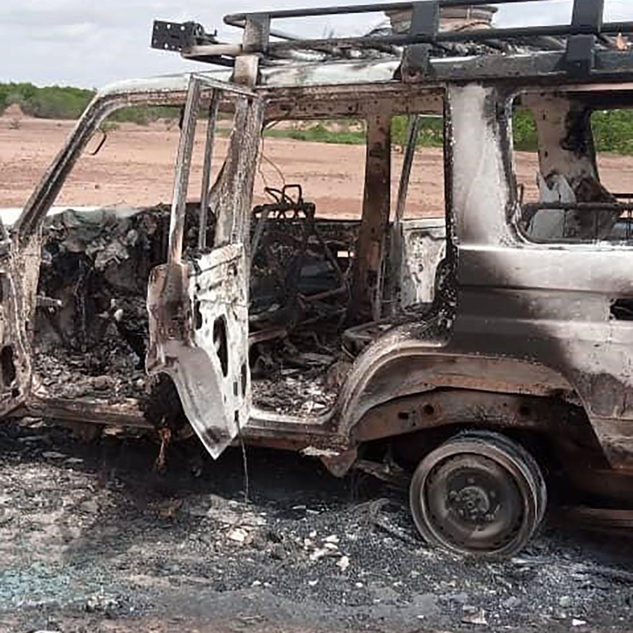 A photo shows the car where seven aid workers and their local guide and the driver were killed by an unidentified gunmen riding motorcycles on August 9, 2020 in an area of southwestern Niger. - AFP