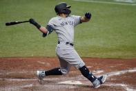 New York Yankees' Rougned Odor watches his RBi single off Tampa Bay Rays relief pitcher Collin McHugh during the 10th inning of a baseball game Sunday, April 11, 2021, in St. Petersburg, Fla. (AP Photo/Chris O'Meara)