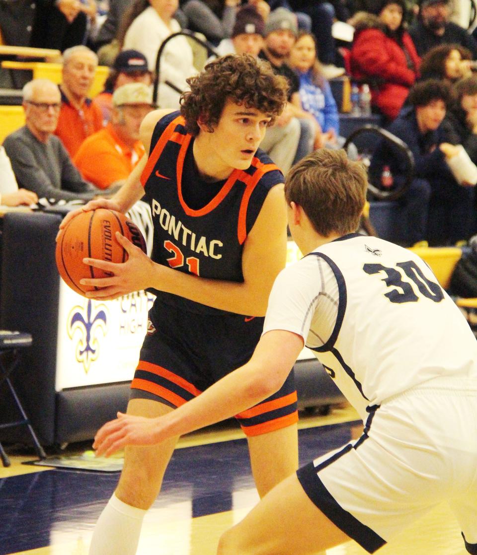 Pontiac's Riley Weber waits for a teammate to get open during the Indians' Illini Prairie Conference basketball game at Central Catholic.