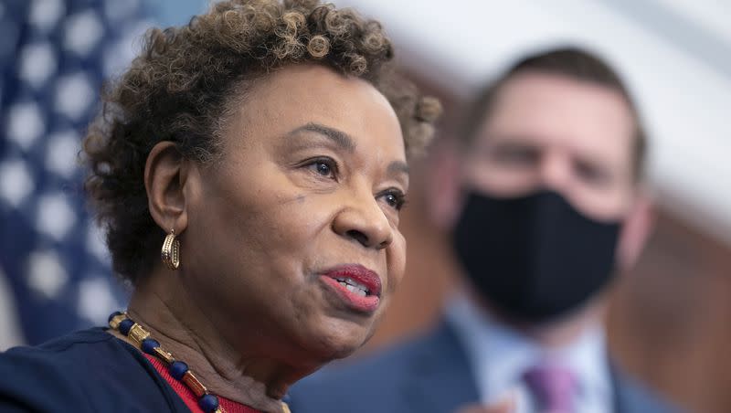 Rep. Barbara Lee, D-Calif., chair of the House Appropriations Subcommittee on State, Foreign Operations, and Related Programs, joins Speaker of the House Nancy Pelosi, D-Calif., at a news conference at the Capitol in Washington, Wednesday, Feb. 23, 2022.